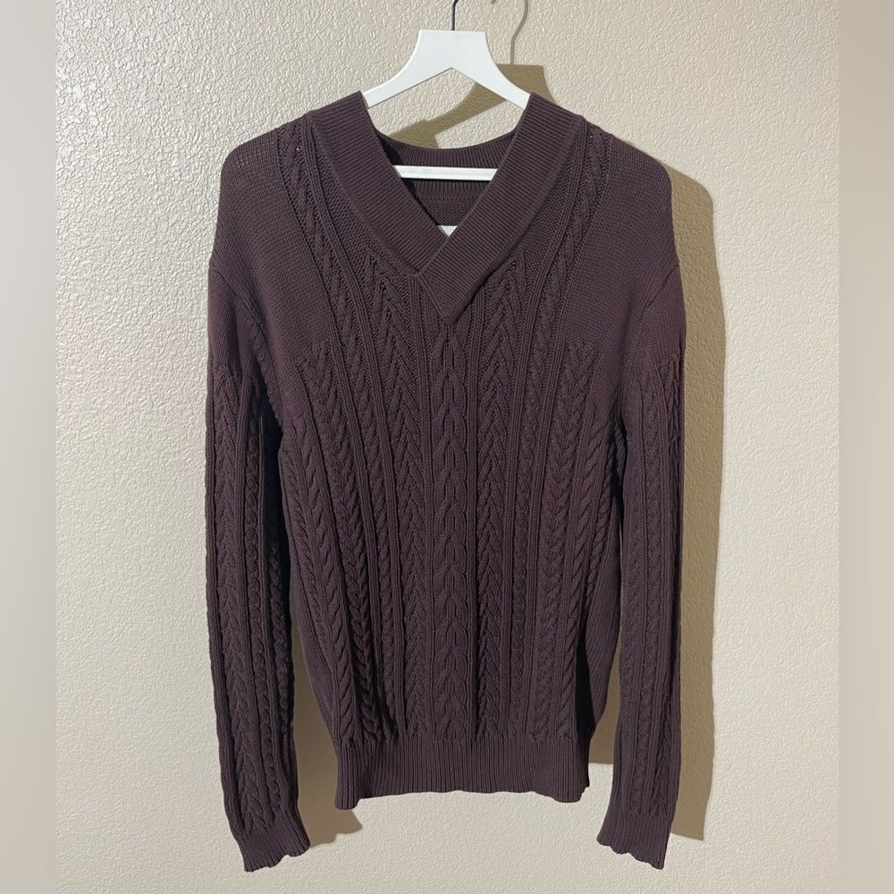 WRK Men's V-Neck Cable Knit Sweater - Dark Brown